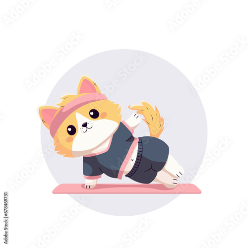 Kot w sportowym ubraniu ćwiczący na różowej macie.