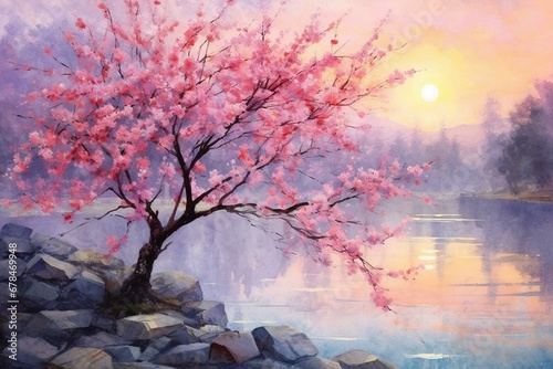 Exquisite Japanese cherry blossom painted in the style of watercolor with a beautiful sunrise background. Generative AI