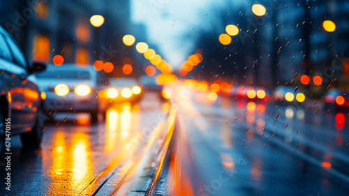 Street traffic in the city at dusk in the rain photo