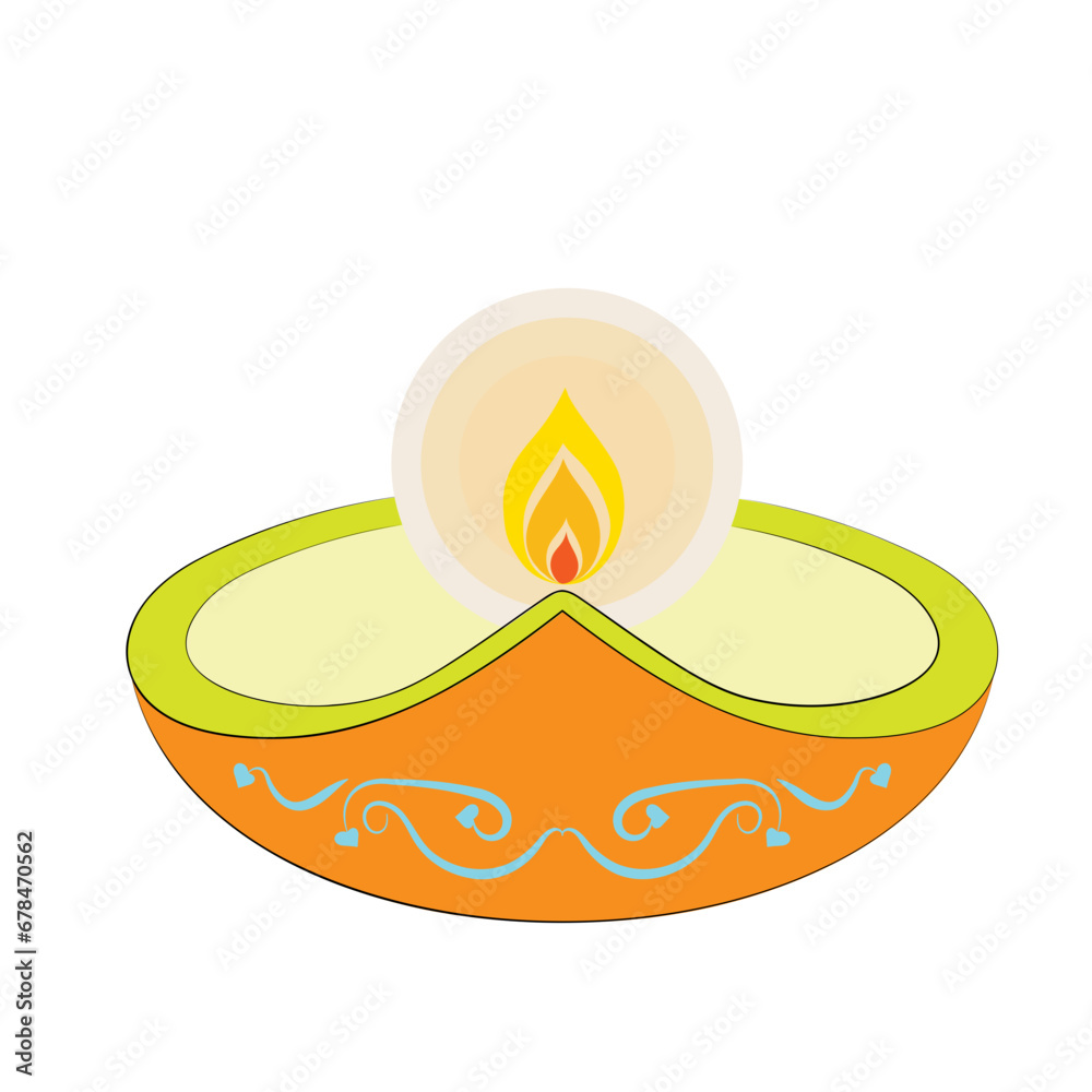 Beautiful flat diya or indian oil lamp with flame in isolated. Beautiful flat diya or indian oil lamp with flame in isolated.
