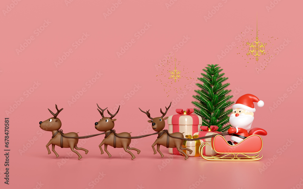 3d reindeer with Santa Claus, sleigh, gift box, pine tree, gift box, snowflake. merry christmas and happy new year, 3d render illustration 3d reindeer with Santa Claus, sleigh, gift box, pine tree, gift box, snowflake. merry christmas and happy new year, 3d render illustration