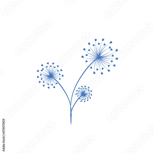 Abstract blue dandelion silhouette with hearts  flying seeds of love dandelion 