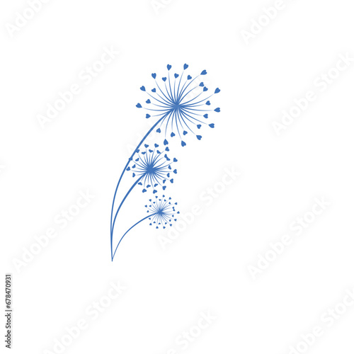 Abstract blue dandelion silhouette with hearts, flying seeds of love dandelion 