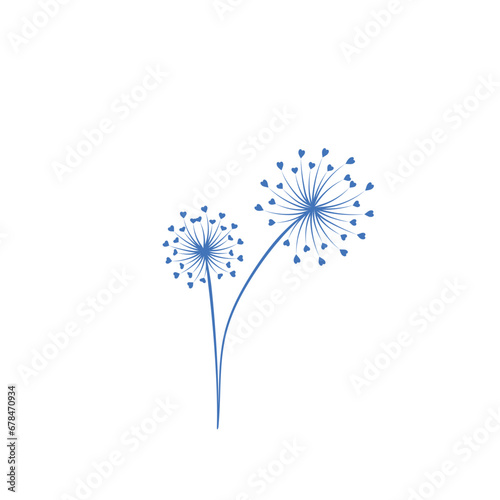 Abstract blue dandelion silhouette with hearts, flying seeds of love dandelion 