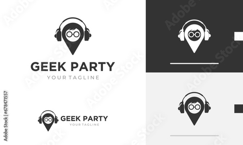 Logo design icon symbol sign location pin genius geek travel headphone headset music party vision