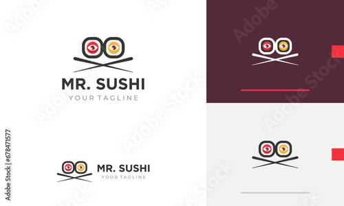 Logo design icon symbol sign sushi sashimi fish japanese food with chopstick traditional restaurant