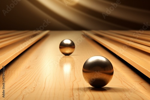 A ball rolling towards pins on a smooth wooden alley. Generative AI
