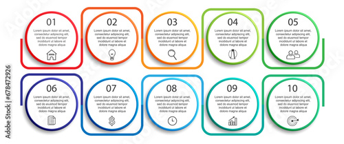 Simple 10 step infographic. Color lines, symbols, numbers and text in one related unit, suitable for your business presentation