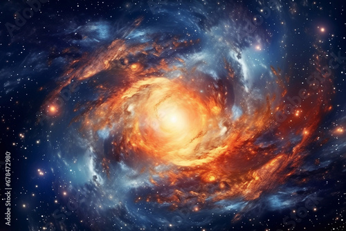 Orange and blue spiral galaxy clusters in space.