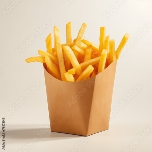 French fries in a paper bag on beige background isolated AI