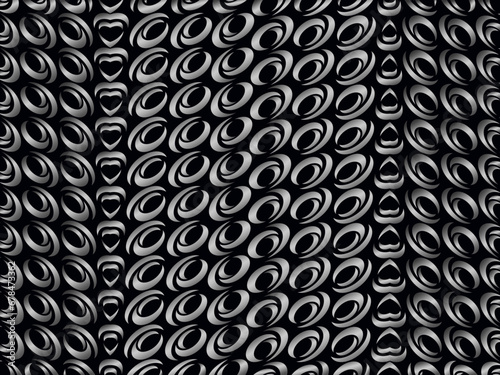 Black metal texture steel background with unique ornament. Abstract metal sheet.
