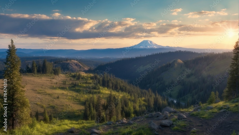Tranquil Countryside Morning Landscape with Panoramic Mountain Range and Pine Trees
