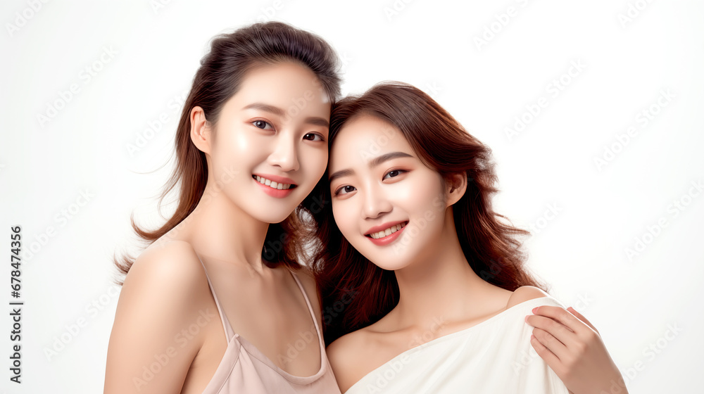 YOUNG TWO ASIAN WOMAN BEAUTY AND SKIN CARE CONCEPT. legal AI