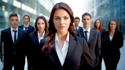 DECISIVE LEADER BUSINESSWOMAN WITH A GROUP  CLOSE-KNIT TEAM. legal AI