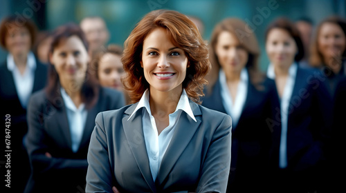 DECISIVE LEADER BUSINESSWOMAN WITH A GROUP, CLOSE-KNIT TEAM. legal AI