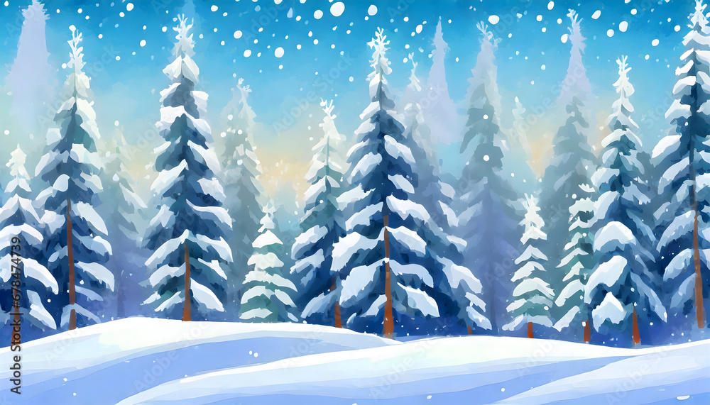 Cute winter repeating landscape. Winter snowfall in the forest woods. Christmas night landscape