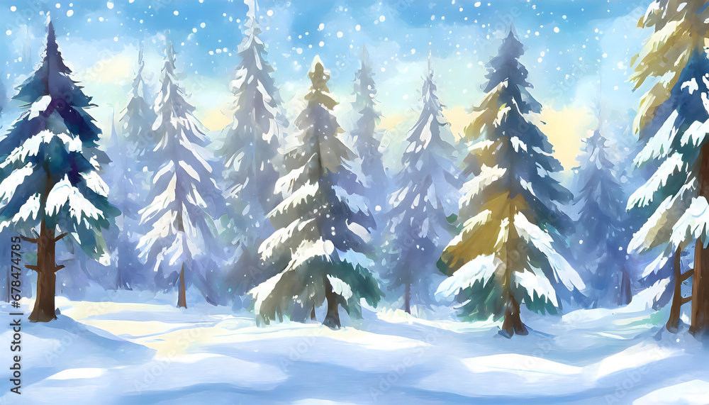 Naklejka premium Cute winter repeating landscape. Winter snowfall in the forest woods. Christmas night landscape