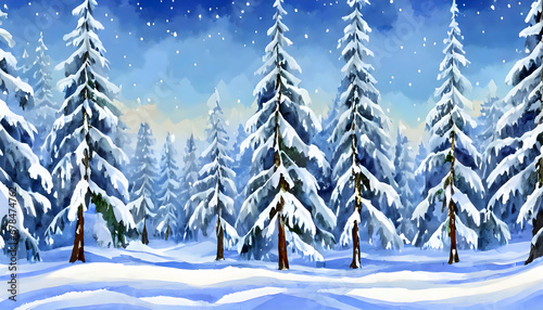 Cute winter repeating landscape. Winter snowfall in the forest woods. Christmas night landscape © Anuson