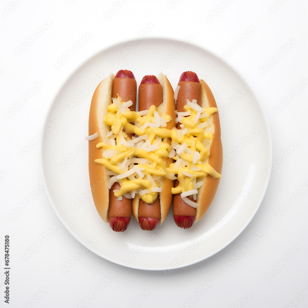 Delicious hot dog with mustard and mayonnaise on a white plate. AI Generative