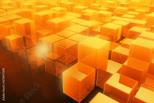 Yellow and orange cubes in various sizes artistically arranged to form a futuristic tech banner. 3D rendering. Generative AI