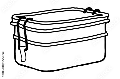 a double layer lunch box, black and white line drawing, vector.