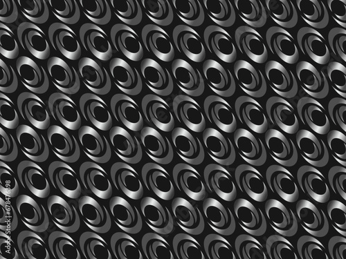 Black metal texture steel background with unique ornament. Abstract metal sheet.