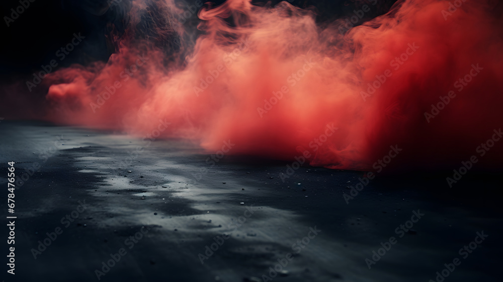 red Smoke And Fog On Asphalt In Black Defocused Background