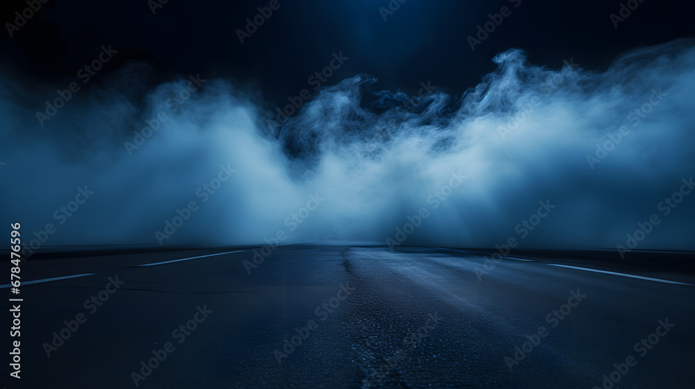 blue Smoke And Fog On Asphalt In Black Defocused Background