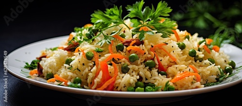 Closeup of vegetable infused rice pilaf deliciously tempting photo