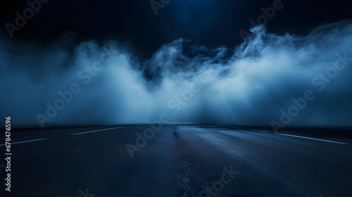 blue Smoke And Fog On Asphalt In Black Defocused Background