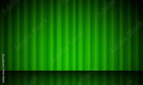 Vector realistic green theatrical closed curtain of shiny material with reflection on stage floor vector illustration