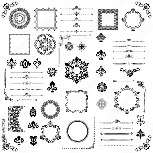 Vintage set of horizontal, square and round black elements. Elements for backgrounds, frames and monograms. Classic patterns. Set of vintage patterns