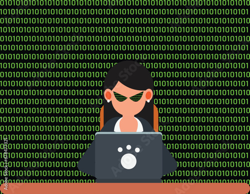 Hacker, Cyber criminal with laptop stealing user personal data. Female hacker with laptop tries cyber attack