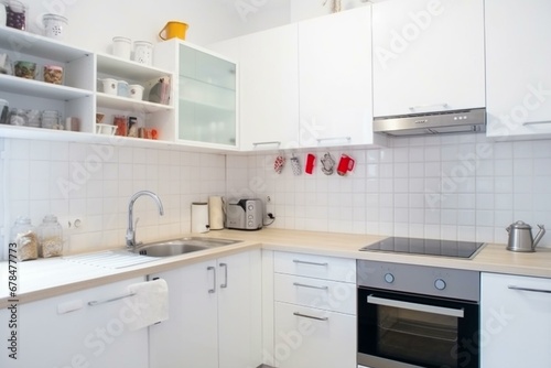 Bright clean kitchen. White furniture, utensils, shelves, crockery. Small fridge. Generative AI © Jax
