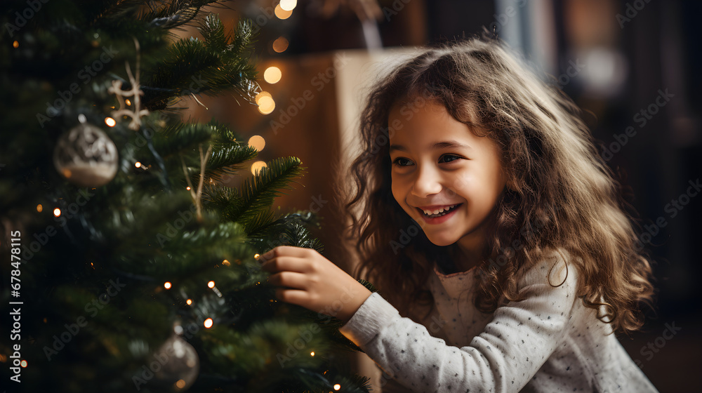 Happy parents are helping their daughter decorate the Christmas tree, while the young girl is smiling and enjoying the festive activities, Happy parents are helping their daughter decorate the Christmas tree, while the young girl is smiling and enjoying the festive activities,
