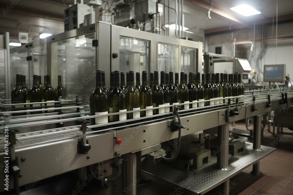Description of an advanced wine bottling plant and packaging system. Generative AI Stock