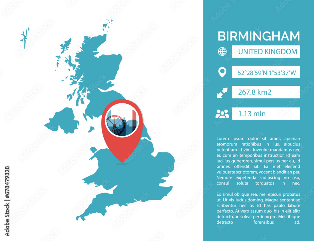 UK Birmingham map shape vector infographics template. Modern United Kingdom, West Midlands, England city data statistic illustration, graphic, layout - obrazy, fototapety, plakaty 