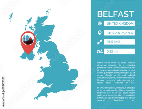 UK Belfast map shape vector infographics template. Modern United Kingdom, Northern Ireland city data statistic illustration, graphic, layout