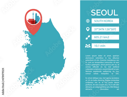 Seoul South Korea map shape vector infographics template. Modern  metropolis city data statistic illustration, graphic, layout