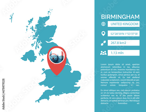 UK Birmingham map shape vector infographics template. Modern United Kingdom, West Midlands, England city data statistic illustration, graphic, layout
