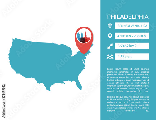 USA Philadelphia map shape vector infographics template. Modern United States of America, Pennsylvania state city data statistic illustration, graphic, layout
