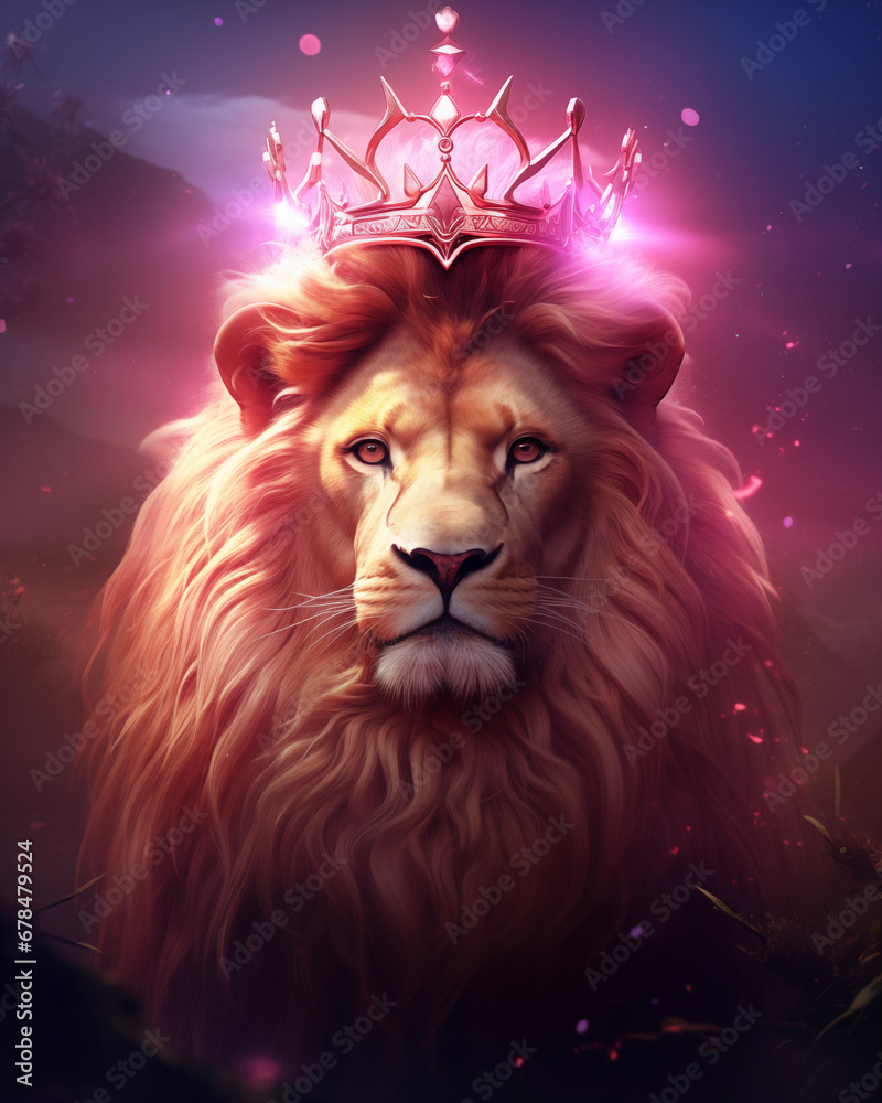 lioness wearing a pink glowing crown, lion in the night, fantasy lioness, princess lion, princess lioness, ai artwork, up close of lion