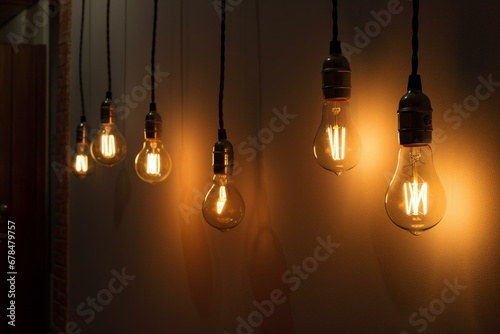 Several light bulbs hang from a wall next to a wall with a light bulb on its side and another on it. Generative AI photo
