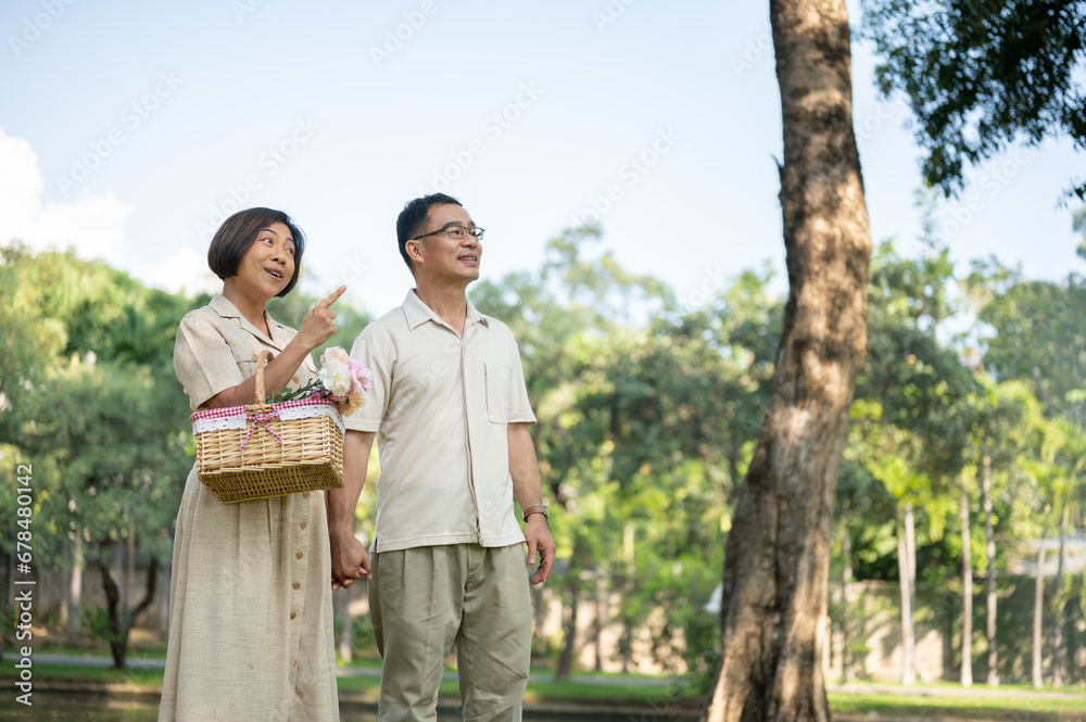 Happy Asian senior couples are enjoying talking and holding hands while strolling around the park.