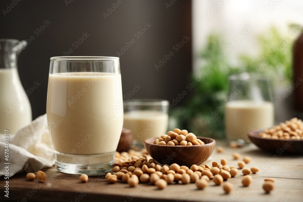 Glass of soy milk with soy beans on white table. Glass of soy milk with soy beans on white table.