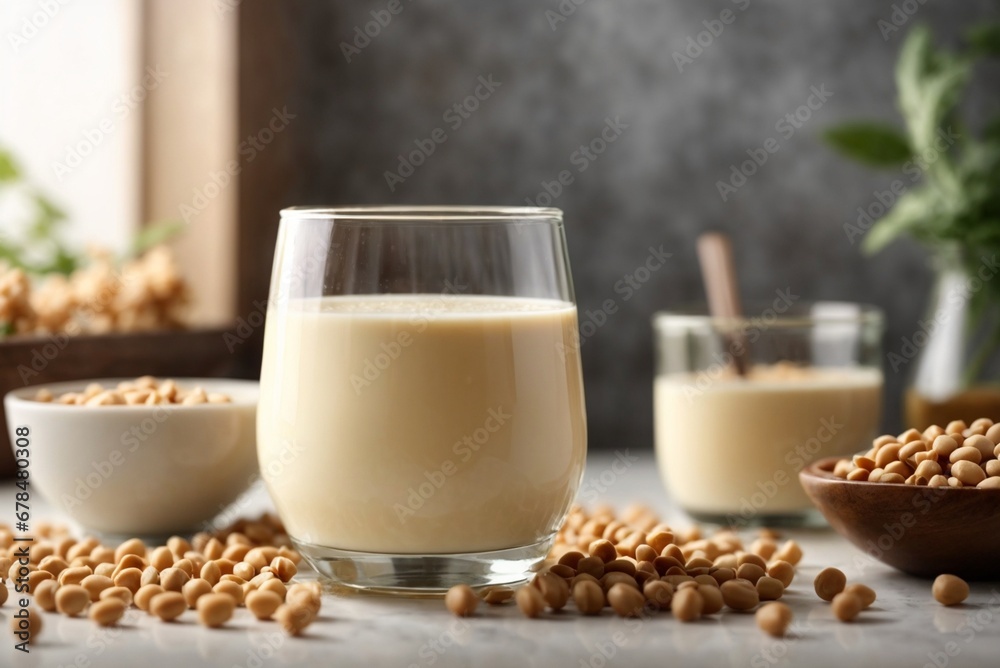 Glass of soy milk with soy beans on white table. Glass of soy milk with soy beans on white table.