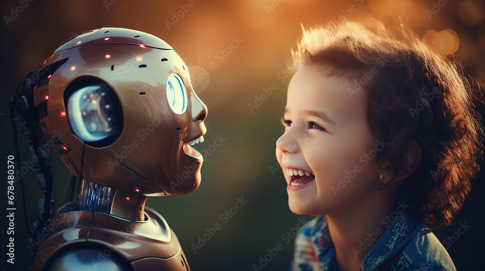 Fototapeta premium A joyful child and a robot companion depict the modern bond between humans and AI-powered friends
