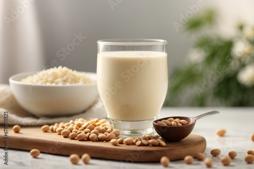 Glass of soy milk with soy beans on white table.