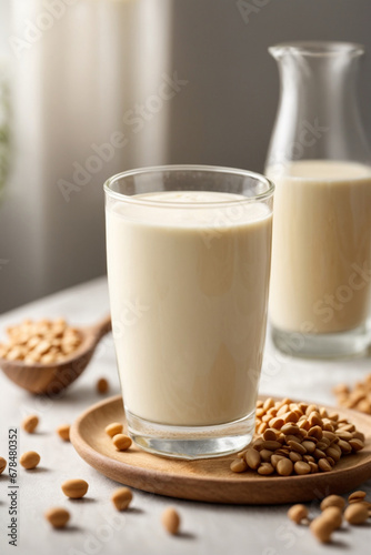 Glass of soy milk with soy beans on white table. © Viewvie