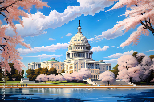 Capitol Bulilding in Washington, DC with cherry blossoms fantasy optomistic spring illustration